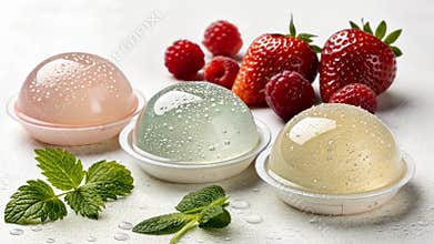 Edible water spheres with fresh berries and mint on white background