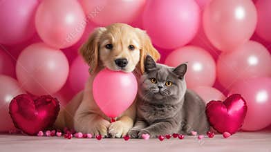 Golden retriever puppy and gray cat surrounded by pink balloons and heart decorations. The 14th of February. Happy