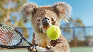 Koala is balancing a tennis ball on its racket while standing on a green hardcourt, with a playful pose under a clear