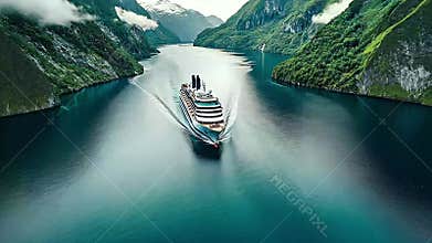 Luxury cruise ship sails through a narrow fjord surrounded by lush green cliffs