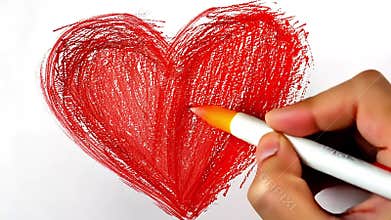 Red crayon heart drawn on white background