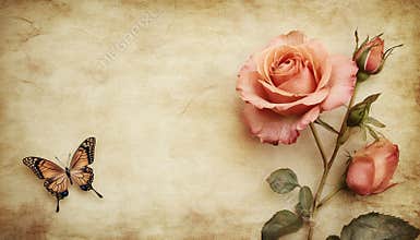Vintage Old Paper Background With Soft Focus Featuring Pink Rose And Butterflies