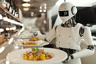 Robot server delivers gourmet meals in a futuristic dining environment