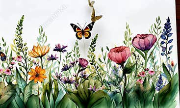 Watercolor painting of vibrant wildflowers and butterflies on white background