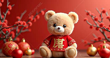 Cute Teddy Doll in Traditional Chinese New Year Attire with Red Decorative Background and Spring Ornaments