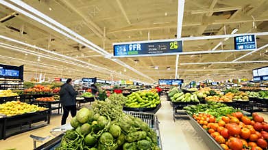 A busy supermarket aisle filled with fresh produce and shoppers selecting fruits and vegetables under bright ceiling