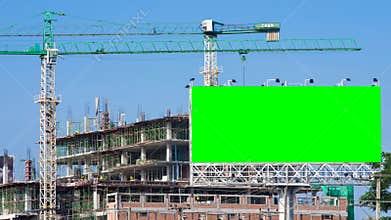 Time lapse construction site and green big billboard