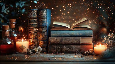Enchanting vintage books with candles and magical sparkles on cozy wooden table. The concept of mysticism, rituals