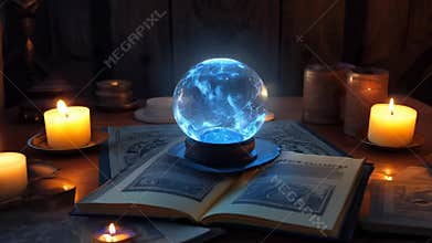 Glowing blue magical crystal ball on a table in a witch's lair surrounded by candles.