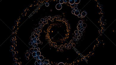 Dark tunnel background with abstract spirals of glowing blue bubbles and realistic orange light