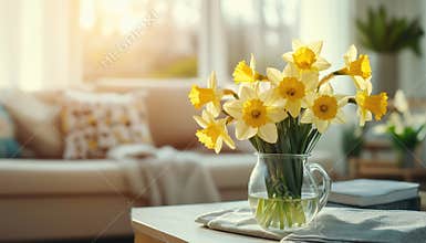 Fresh Daffodil Flowers Arranged In A Jug On A Coffee Table In The Living Room - A Charming Home Decor Idea.