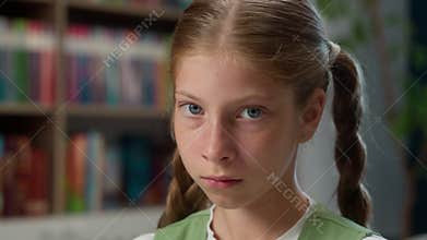 Close up upset face of Caucasian sad depressed unhappy little girl student ashamed kid school child worried guilty