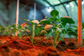 Young plant growing in greenhouse with red soil and vibrant green leaves