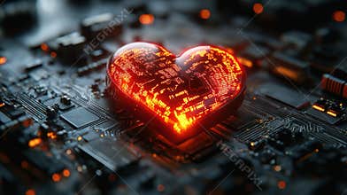 Glowing Heart Shaped Circuit on a Dark Computer Motherboard