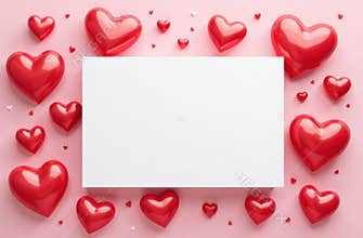 Mock up: Valentine's Day card background. Red voluminous hearts on a trendy soft pink background. In the center