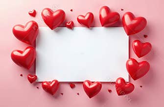 Mock up: Valentine's Day card background. Red voluminous hearts on a trendy soft pink background. In the center