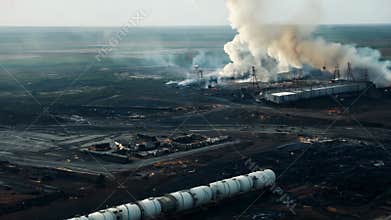 Aerial view of a fire at an oil refinery. Man-made disaster.