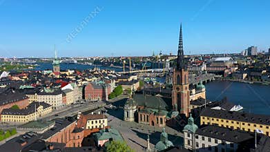 Aerial view stockholm city center with riddarholmen church