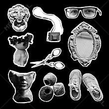 Vintage Halftone Collage Elements. Decorative Pop Art Vector Illustration