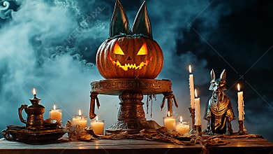 A spooky Halloween scene with a glowing jack-o-lantern, anubis statue, candles, and smoke