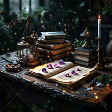 Mystical Study with Ancient Tomes and Magical Amulets