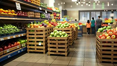 Fresh produce displayed in wooden crates inside a supermarket. Apples, oranges, and other fruits and vegetables are neatly
