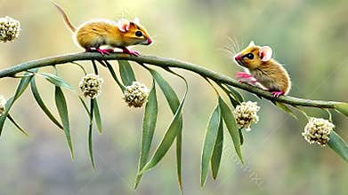 Two adorable fluffy mice with pink paws perched on a branch with delicate green leaves and small white flowers, enjoying a