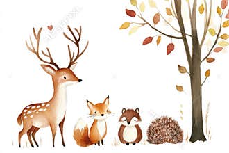 Colorful forest animals gather in a tranquil setting beneath a tree surrounded by autumn leaves. Generative AI