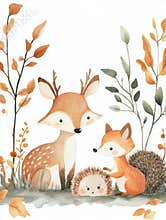 Forest animals gather during autumn in a serene woodland illustration with vibrant colors. Generative AI