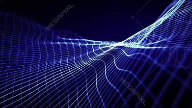 Looped screensaver with abstract blue grid slowly waving on a dark background with soft glow effect