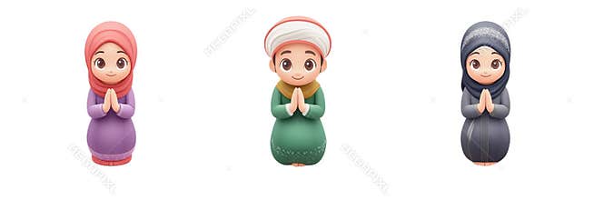 Diverse Muslim Characters, three cute cartoon figures in traditional attire, representing different cultures, hands in