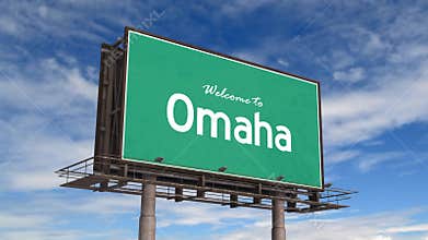 Welcome To Omaha Road Sign. Airplane Landing Nebraska Omaha USA.