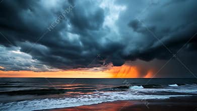 Captivating contrast between serene landscape and stormy skies as tension builds in the atmosphere