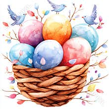 A stunning composition featuring a hand-drawn watercolor baby cradle, crib, air balloons, and flowers. Stock clip art