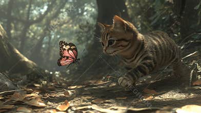 A cute kitten and a magical cartoon butterfly, glowing pink, soar in the sky over a green forest at sunrise. This