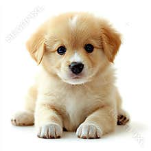 A tiny, lovable pet dog, isolated on a white background. The brown puppy is sitting