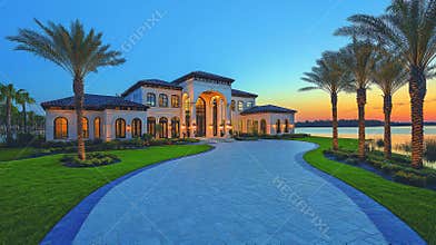 Luxury Waterfront Mansion at Sunset