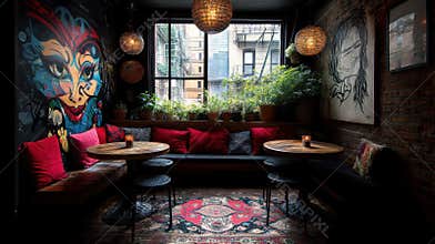 Cozy Bohemian Bar Interior with Red Pillows and City View