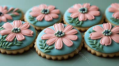 Pastel Pink and Blue Flower Decorated Cookies on Sage Green Background