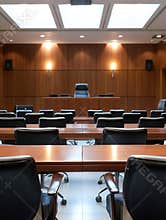 Generative AI Modern Empty Courtroom Setting Featuring Wooden Details and Chairs for Legal Proceedings business co