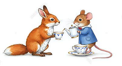 Charming Mouse and Fox Tea Party Watercolor Illustration