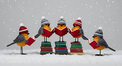 Five Cute Birds in Knitted Hats Singing Carols in Snowy Winter Scene