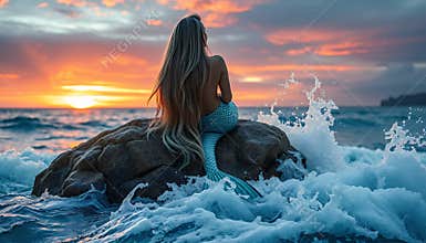 Sitting mermaid on rock with long hair at sunset at the beach with gold and orange light and warm colors