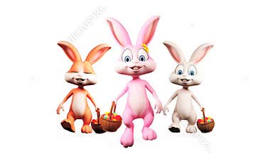 Easter bunny walking with colorful eggs basket