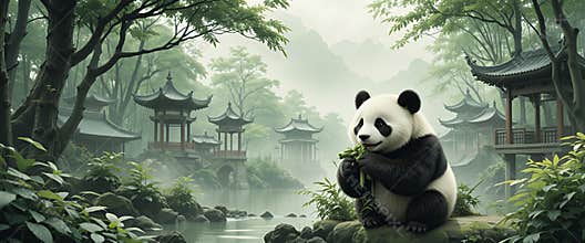 Giant Panda Enjoying Bamboo in Misty Chinese Garden