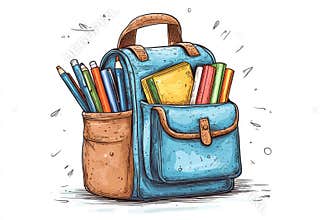 Colorful school backpack with pencils and books illustration