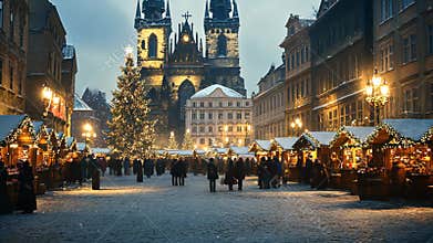 A festive Christmas market in a snowy town square with glowing lights, decorated stalls, and a large Christmas tree in
