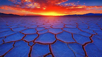 Vibrant Sunset Over a Cracked Blue Desert Landscape