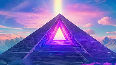 Mystical glowing pyramid with radiant energy portal under dreamy sky. Futuristic sacred structure, psychic visions