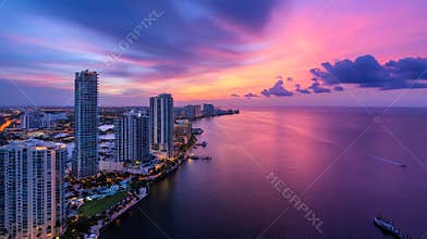 Generative AI Beautiful Cityscape of Miami at Sunset with Vibrant Colors business concept.